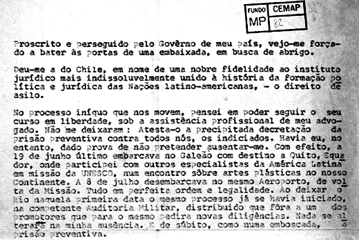 Carta em que Mário Pedrosa anuncia que o Chile lhe deu asilo político, em 1970
