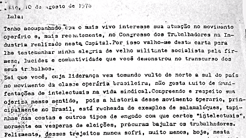 Carta de Mário Pedrosa a Lula, 1978. Cemap.